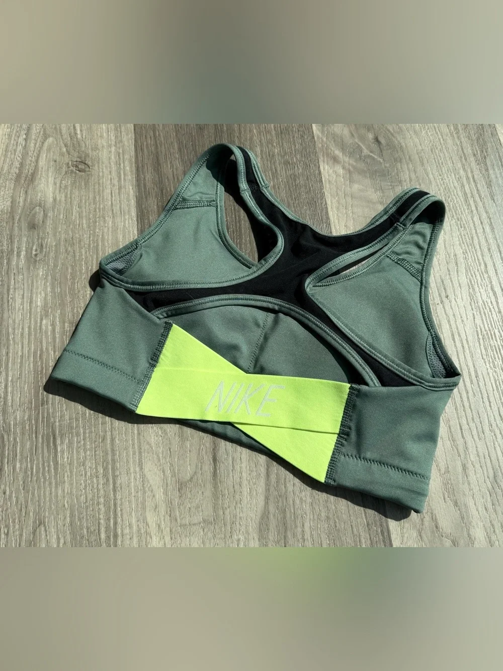 Nike Women’s Sports Bra - Olive Green with Neon Yellow Swoosh